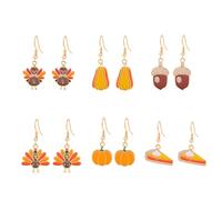 6 Pairs Thanksgiving Day Fall Earrings Fun Enamel Colorful Harvest Pumpkin Turkey Maple Leaf Pine Cone Pumpkin Pie Dangle Drop Earrings Set for Women Autumn Festival Party Holiday Jewelry Decoration