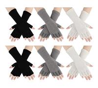 6 Pairs Unisex Half Finger Gloves Warm Stretchy Knit Fingerless Gloves 8.6 Inches for Women Men(Black, White, Light Gray)