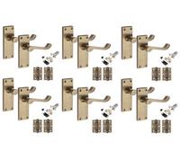 6 Pairs Victorian Scroll Latch Internal Door Handle Antique Brass 120 X 40mm With 2.5" Latches & Hinges - Golden Grace