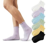 6 Pairs Women's Ruffle Ankle Socks - Casual Summer Cute Lettuce Frilly Solid Breathable Cotton Crew Socks for Teens White Candy-colour Dress Sock (Coloured)