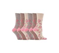 6 Pairs Womens Sockshop Cotton Gentle grip socks 4-8 uk,37-42 eu, Flowers (Beige (GG33))