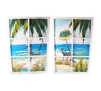 6 Pane Window Art Wooden Framed Palm Tree Hammock Parasol Beach Scene Wall Print 90cm x 60cm ~ Design Vary