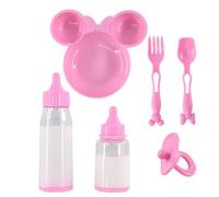 6 Pc Baby Doll Feeding Set Age 3+ with Two Magic Milk Bottles, Dummy, Plate, Fork & Spoon Pretend Play Doll Accessories Girls Boys Toy Playset Gift for Kids