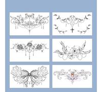 6 Pc Rose Simple Flowers Underboob Tattoo - Motif In Black - Temporary Skin Tattoo