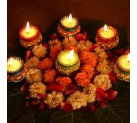 6 Pc Set Medium Size Decorated Multicolor Embossed Clay MATKI with Wax Filled Diya | Diwali Pooja Handmade Dia | Terracotta - Natural EARTHEN Diya - Handpainted with MDF Gift Package