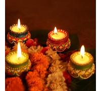 6 Pc Set Medium Size Jaipuri Work Decorated Multicolor Clay MATKI with Wax Filled Diya | Diwali Pooja Handmade Dia | Terracotta - Natural EARTHEN Diya - Handpainted with MDF Gift Package