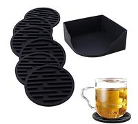 WUBAYI Coasters, 6pcs Silicone Coasters, Drink Coasters with Holder, Thickened Drainable Coaster, Suitable for Cold Drinks, Hot Drinks, Home, Bar, Office, Non-Stick, Easy to Clean (Black)