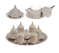 6 PC Stunning Crystal Turkish Tea Set -6 Porcelain Cups, 6 Saucers, 6 Ottoman Lids, Sugar Bowl & Tray -Artisan Turkish Coffee Glasses, Wedding Gift, Celebrations (6 Silver Crystal Cups)