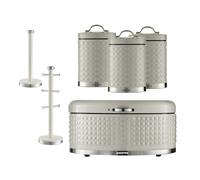 6 Pc Tea Coffee Sugar Canister, Bread Bin, Mug Tree & Towel Pole Set Geepas Cream One Size