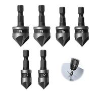 6 Pcs 1/4 Inch Hex Shank, 5 Flute 90 Degree Chamfering Countersink Drill Bit Set 12mm/16mm/19mm Countersink Drills Bit Counter Sink Drill Bits for Wood, Countersinks Bits, for Wood Plastic Aluminium