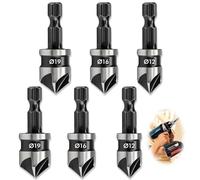 6 Pcs 1/4 Inch Hex Shank, Countersink Drill Bit - 12mm/16mm/19mm Counter Sink Drill Bits, 5 Flute 90 Woodworking Degree Chamfering Countersink