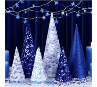 6 Pcs 12" 10" 6" Cone Christmas Tree Decorations Blue and White Porcelain Glitter Table Decor Farmhouse Tiered Tray Ornament Xmas Tree for Home Holiday Entryway Tabletop Centerpiece Decorations
