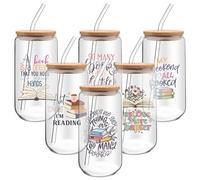6 Pcs 16 oz Glass Cups with Lids Straws Iced Coffee Glass Tumbler Book Lover Gifts Library Reading Drinking Cups Reader Gift Book Club Appreciation Gifts for Teacher Employee Volunteer Librarian Nurse