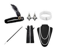 6 PCS 1920s Accessories for Women, 1920s Flapper Accessories Set Roaring 20's Theme Set for Women, Retro Carnival Festival Halloween Christmas,with Headband Gloves Necklace Earrings Lace Folding Fan