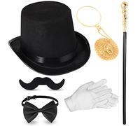 6 Pcs 1920s Men Accessories Gentleman Costume Hat Round Head Scepter Magnifying Glass Necklace Bow Tie Gloves Beard(Gold,Stylish Style)