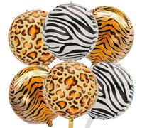 6 PCS 22 Inch Safari Animal Pattern Balloons Mixed Leopard, Tiger & Zebra Print Balloon Birthday Party Decoration 4D Round Cheetah Foil Balloons for Jungle Safari Theme Party Wild Birthday Baby Shower