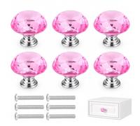 6 Pcs 30mm Pink K9 Crystal Drawer Knobs with Screws for Cabinet Cupboard | 6 Pack 30mm Pink K9 Crystal Cabinet Knobs, Diamond Facet Zinc Alloy Base with Screws for Drawer Dresser Wardrobe Decor