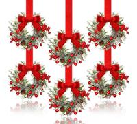 6 Pcs 6" Christmas Mini Cabinet Wreaths for Kitchen, Artificial Norfolk Pine & Cypress Wreath with Red Berry Bow for Door Window Farmhouse Christmas Party Decorations (D)