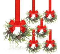 6 Pcs 6" Christmas Mini Cabinet Wreaths, Small Norfolk Wreaths Kitchen Cabinet Real Touch with Bow Ribbon Red Berry for Xmas Front Door Window Chair Fireplace Table Pillar Farmhouse Decor C 24In