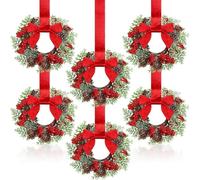 6 Pcs 6" Christmas Mini Cabinet Wreaths, Small Norfolk Wreaths Kitchen Cabinet Real Touch with Bow Ribbon Red Berry for Xmas Front Door Window Chair Fireplace Table Pillar Farmhouse Decor G 24In