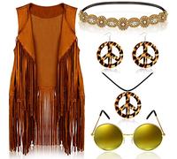 6 Pcs 60s 70s Hippie Costume for Women Peace Sign Earring Necklace Headband Fringe Vest Tassel Cardiga (Medium)