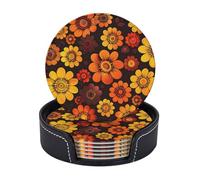 6 Pcs 70s Retro Boho Orange Brown Floral Pattern Leather Coasters for Drinks with Holder Coaster Sets Drink Table Cup Coasters for Living Room Kitchen Coffee Decor