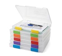 6 Pcs A4 File Box - Clear Plastic Document Box with Buckle and 2 Sheets Color Sticker Labels, Portable Project Case, Dustproof File Storage Boxes for Office, School, Home, Paper, Postcard, Board Game