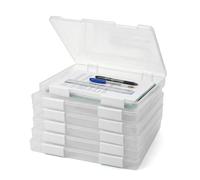 6 Pcs A4 File Box - Clear Plastic Document Box with White Buckle and 2 Sheets Color Sticker Labels, Portable Project Case, Dustproof File Storage Boxes for Office, School, Paper, Postcard, Board Game