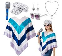 6 Pcs Aba Outfits for Women, 70s Fancy Dress Set Disco Costume Accessories with Pop Poncho Sequin Hat Sunglasses Earrings Necklace Microphone, 1970s Disco Accessories for 70 Theme Party Dress Up