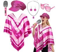 6 Pcs Aba Outfits for Women, 70s Fancy Dress Set Disco Costume Accessories with Pop Poncho Sequin Hat Sunglasses Earrings Necklace Microphone, 1970s Disco Accessories for 70 Theme Party Dress Up