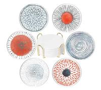 6 Pcs Absorbent Ceramic Coasters, 4 inches Drink Coasters with Golden Holder, Watercolor Style (Orange Blue)