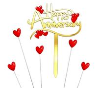 6 Pcs Acrylic Anniversary Cake Topper, Gold & 5 Red Heart Picks