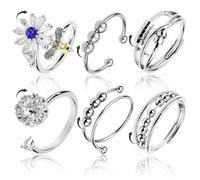 6 Pcs Adjustable Fidget Rings with Beads,Silver Stainless Steel Anti Ring Spinning,Anti-Worry Spinner Bead Rings,Open Adjustable Cubic Zirconia Ring,for Women Anxiety Relieving Stress