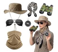 6 Pcs Adult Safari Explorer Costume Accessories Set with Leopard Print Scarf, Safari Hat, Binoculars, Sunglasses, Sun Protective Quick Dry Neck Warmer, Compass for Outdoor Adventures Role Play Unisex
