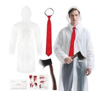 6 Pcs Adults Psycho Costume, Patrick Bateman with White Transparent Raincoat Red Tie Fake Axe Prop Bloody Stickers Business Card, American Psycho TV Film Character Cosplay Outfit for Halloween Party