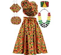 6 Pcs African Attire for Women African Print Dresses Ankara Skirt Dashiki Head Wrap Scarf Rasta Bracelets Jamaican Necklace Drop Dangle Earring Kente Outfits Apparel Black History Jewelry Accessories