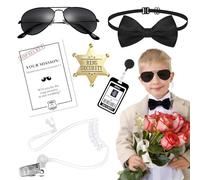 6 Pcs Agent Costume Accessories Ring Wedding Security Bearer Set for Kids, Ring Bearer Gift with Sunglasses Badge Earpiece Tube Bow Tie ID Card Spy Fancy Dress for Wedding Props Cosplay Dress Up