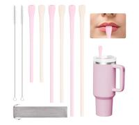6 Pcs Anti Wrinkle Straw, Flat Wide Drinking Straw Compatible with Stanley 40 oz & 30 oz, Reusable Flexible Wrinkle Long Drinking Straws with Cleaner Brush, Perfect for Lip Filler