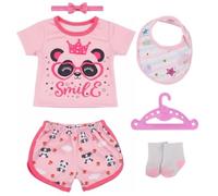 6 Pcs Baby Doll Clothes, Compatible with New Born Baby for 14-18 Inch with 1T-shirt 1 Shorts 1 Headband 1 Bib 1 Socks 1 Hanger, Pink Panda Dolls Clothes Accessories for 30-45 cm Girls Birthday