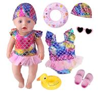 6 Pcs Baby Doll Swimsuits, 14-18 Inch Swimming Set Fish Scale Swimming Outfit Swimming-ring Beach Sunglasses Shoes Duck Toy Laser Pink Doll Clothes for 35-45 cm New Born Baby Dolls Birthday Gift