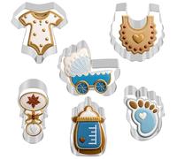 6 Pcs Baby Shower Cookie Cutters Shimmeroo Six Shapes Stainless Steel Pastry Cutter Set Baking Tools Shirt Rattle Baby Bottle Bib Stroller Footprints for Shower Birthday Party Baking