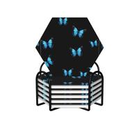 6 Pcs Beautiful Blue Butterfly Ceramic Coasters With Holder Best Absorbent Drink Coasters Hexagon Ceramic Table Coasters Set Decorative Coffee Cup Beverage Coasters Wine Beer Bar Coasters