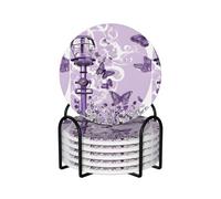 6 Pcs Beautiful Purple Butterfly Ceramic Coasters With Holder Best Absorbent Drink Coasters Round Shape Ceramic Table Coasters Set Decorative Coffee Cup Beverage Coasters Wine Beer Bar Coasters