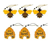 6 Pcs Bee Beehive Ornaments Wood Bumble Bees Cutouts Decorations for Tree Tree Tray Wreath Christmas Festival Bee Kind Sign Crafts Home Hanging Decor
