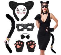 6 Pcs Black Cat Costume Accessories Set Include Cat Ears Headband Bowtie Tail Cat‘s Paw Gloves Eye Mask Stickers Animal Cosplay Fancy Dress, Cat Costume for Cosplay Carnival World Book Day Party