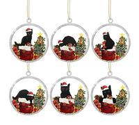 6 Pcs Black Cat Xmas Tree Hanging Acrylic Ornaments - Christmas Hanging Decor for Cat Lovers