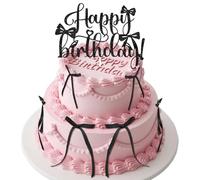 6 Pcs Black Silk Bow Cake Toppers with 1 Pc Glitter Happy Birthday Sign Ribbon Cake Decorations for Birthday Party Baby Shower Wedding Bow Themed Party Supplies