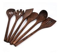 6 PCS Black Walnut Kitchen Utensils Set for Cooking, Natural Wooden Cooking Utensils,Wood Slotted Spoon Spatula Turner Set for Nonstick Cookware Pasta Fork Spaghetti Server Soup Ladle,A
