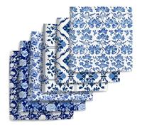 6 Pcs Blue Floral Fabric Squares, Pre-Cut Quilting Fabric for Sewing Crafts | 7.87x7.87 Inch Blue and White Porcelain Style Vintage Fabric Bundles for Patchwork,Bags and Home DIY Decoration