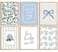 6 Pcs Blue Hydrangea Bow Canvas Wall Art How Lucky Are We Poster Prints Trendy Striped Coquette Paintings Pictures Sage Green Coastal Preppy Wall Decor for Girl Room Bedroom Dorm 20X25cm Unframed